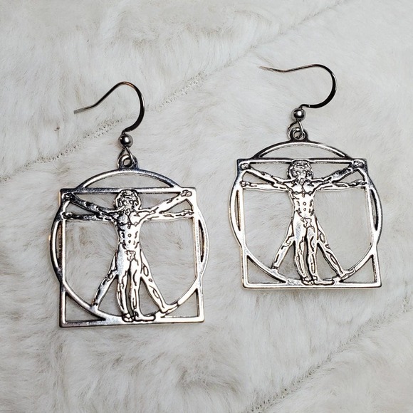 Leonardo Da Vinci Vitruvian Man Drawing Charm Earrings - Picture 1 of 4